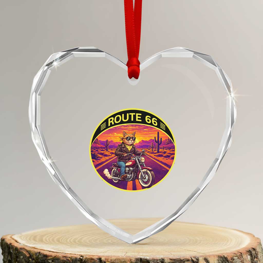 Route Highway 66 Motorcycle Cat Heart Crystal Glass Ornament Open Road Adventure Neon