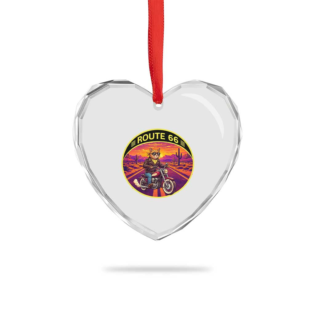 Route Highway 66 Motorcycle Cat Heart Crystal Glass Ornament Open Road Adventure Neon