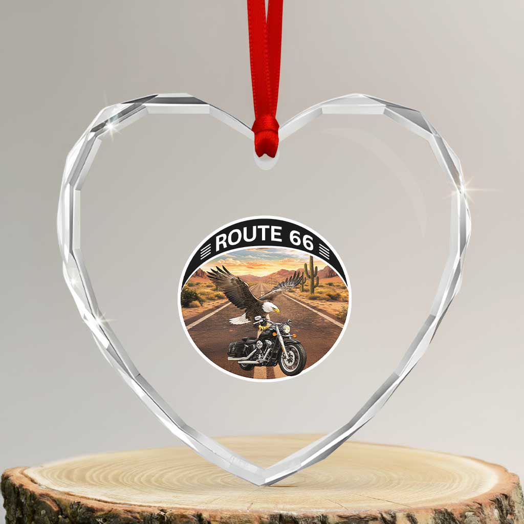 Route Highway 66 Motorcycle Eagle Heart Crystal Glass Ornament Americana Adventure