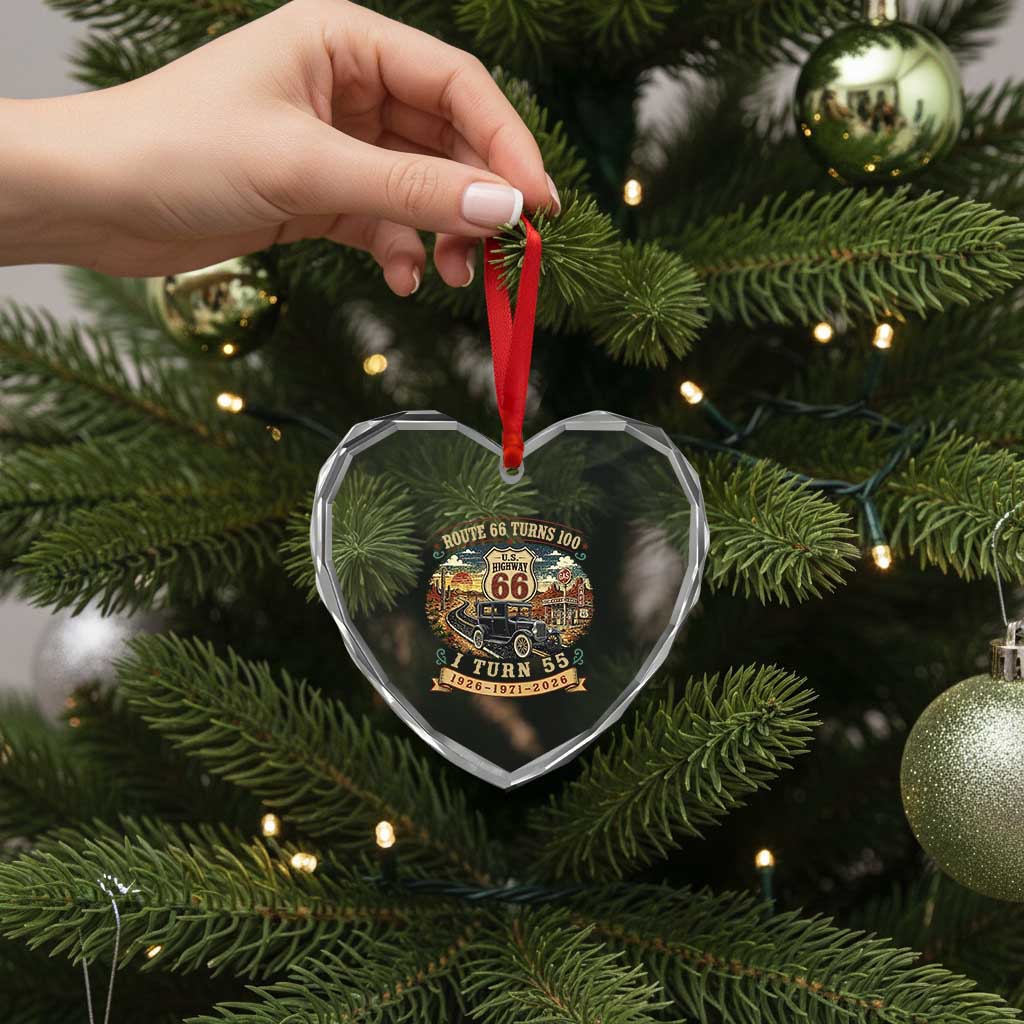 Route Highway 66 Turns 100 I Turn 55 Heart Crystal Glass Ornament Vintage 1971 Road Sign Antique Car Lover 55th Birthday Gift