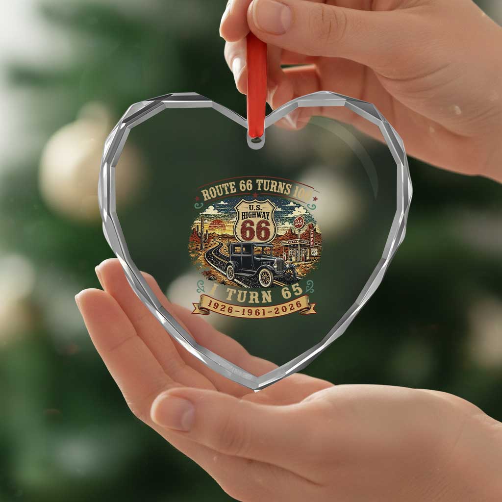 Route Highway 66 Turns 100 I Turn 65 Heart Crystal Glass Ornament Vintage 1961 Road Sign Antique Car Lover 65th Birthday Gift