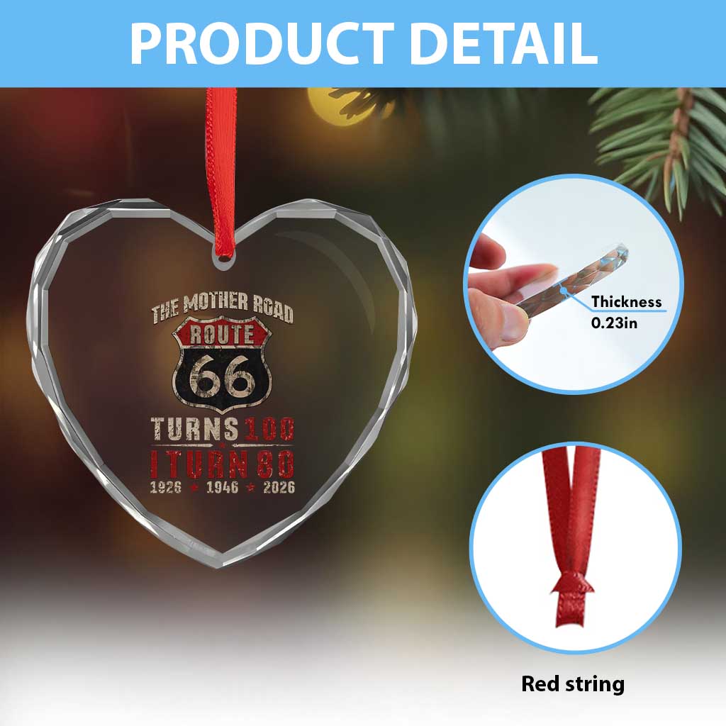 Route Highway 66 Turns 100 I Turn 80 Heart Crystal Glass Ornament Vintage 1946 Road Sign 80th Birthday Gift