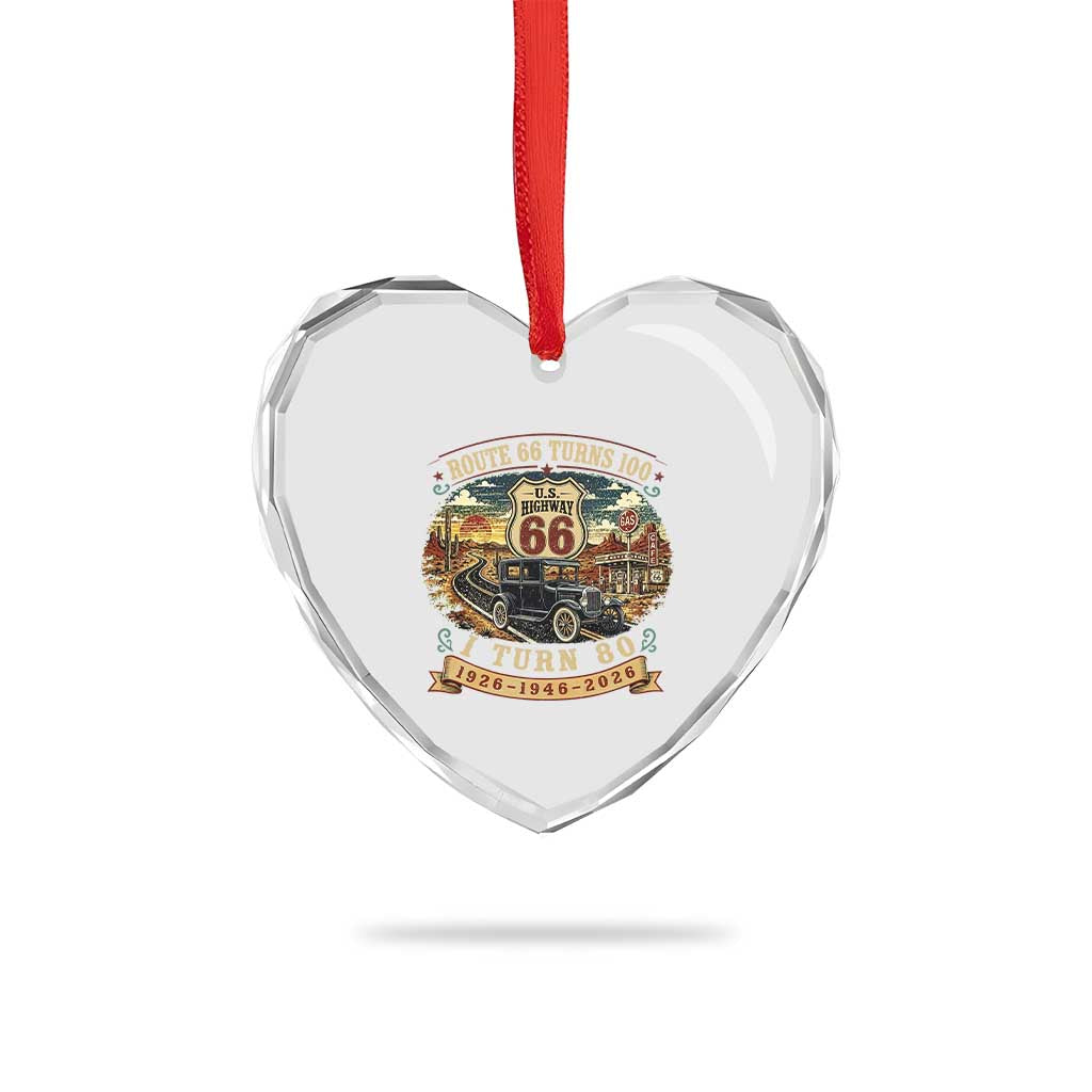Route Highway 66 Turns 100 I Turn 80 Heart Crystal Glass Ornament Vintage 1946 Road Sign Antique Car Lover 80th Birthday Gift
