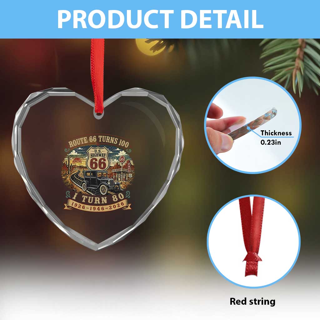 Route Highway 66 Turns 100 I Turn 80 Heart Crystal Glass Ornament Vintage 1946 Road Sign Antique Car Lover 80th Birthday Gift