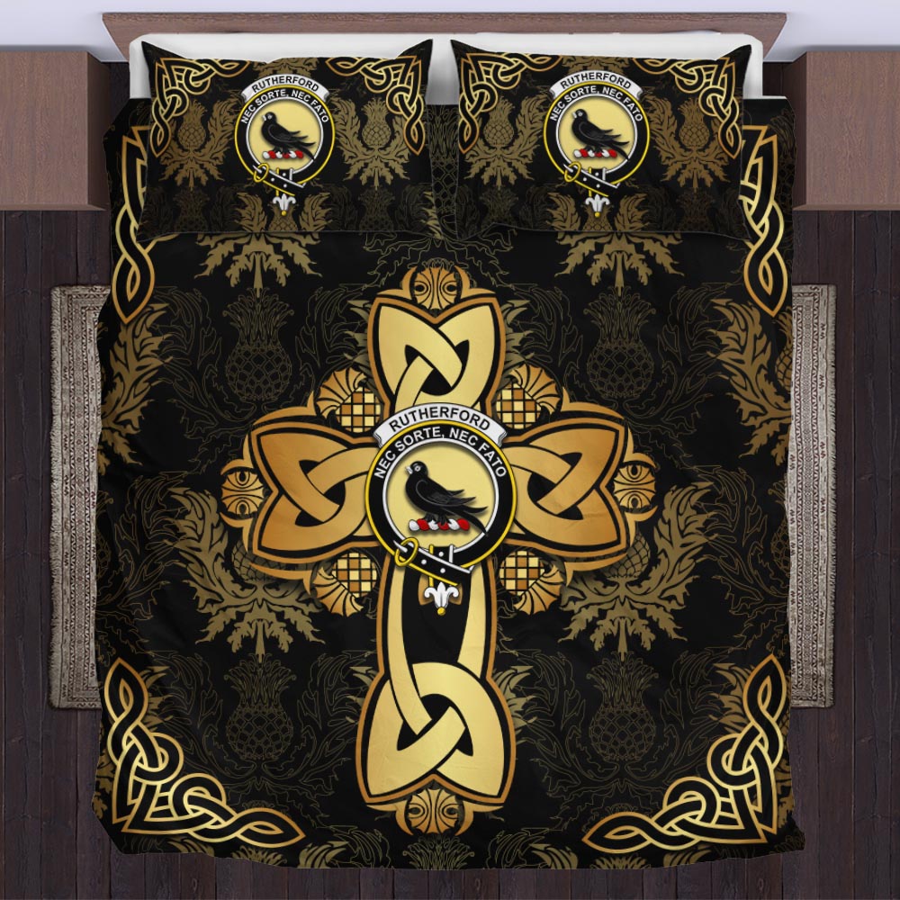 rutherford-clan-crest-golden-celtic-cross-thistle-style-bedding-set