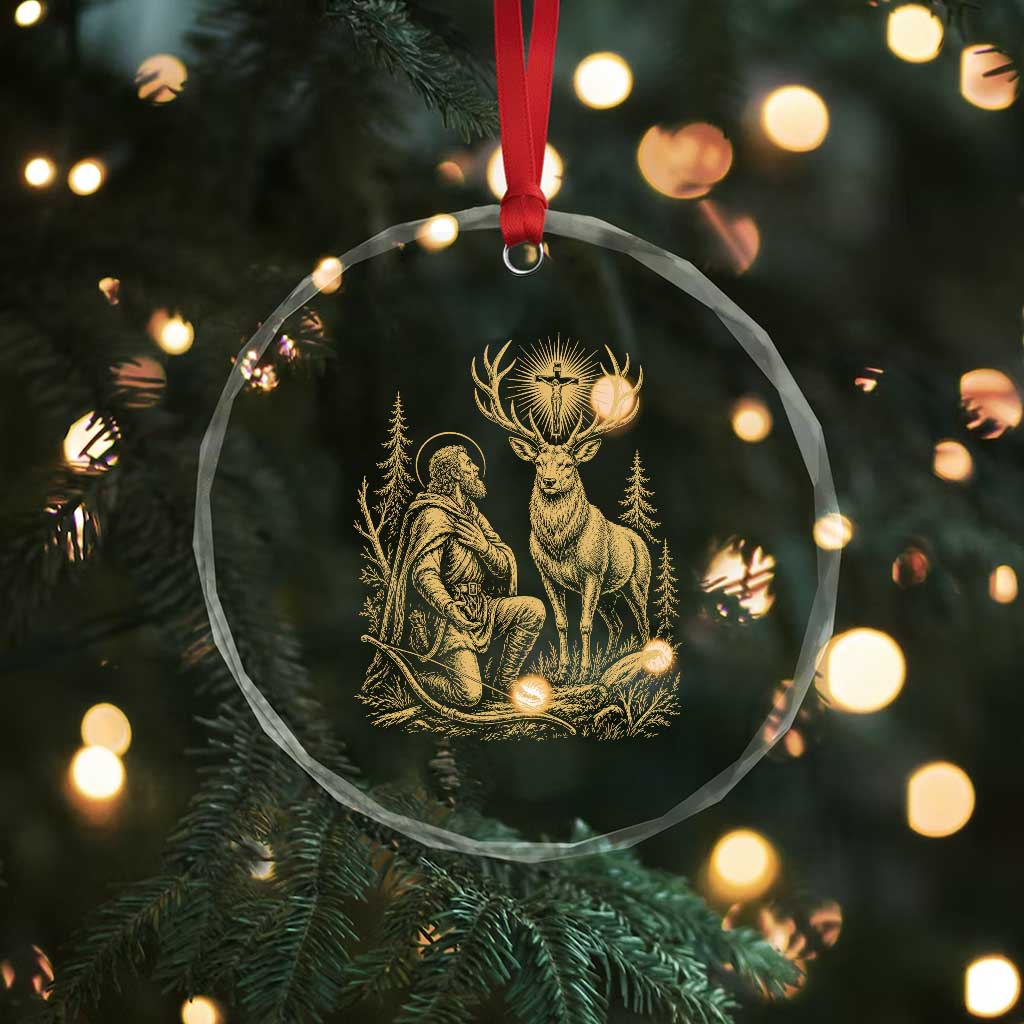 Saint Hubert Patron Saint of Hunters Vintage Woodcut Crystal Glass Ornament Catholic Faith and Hunting Heritage Gift