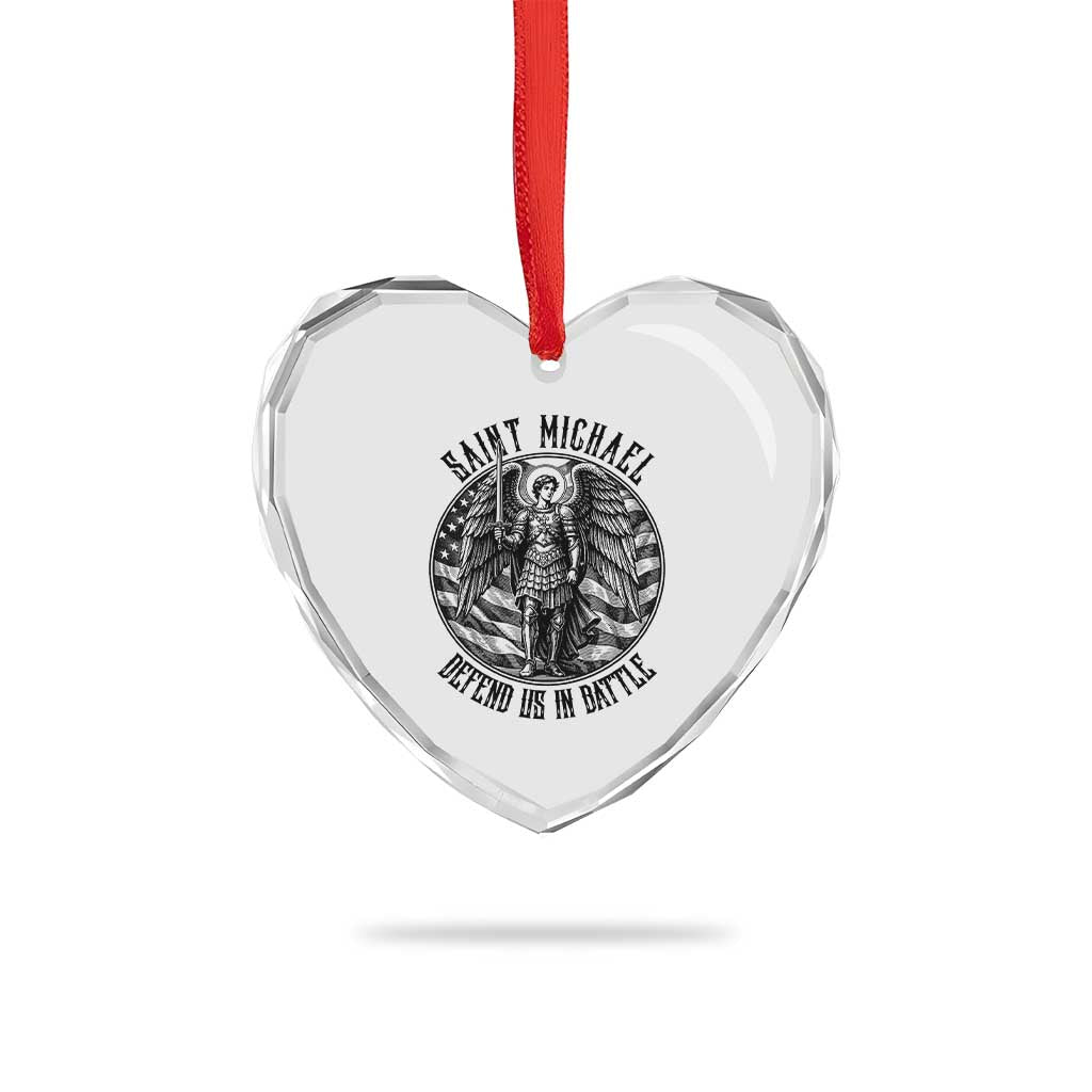 Saint Michael Defend Us In Battle Heart Crystal Glass Ornament American Flag Patriotic