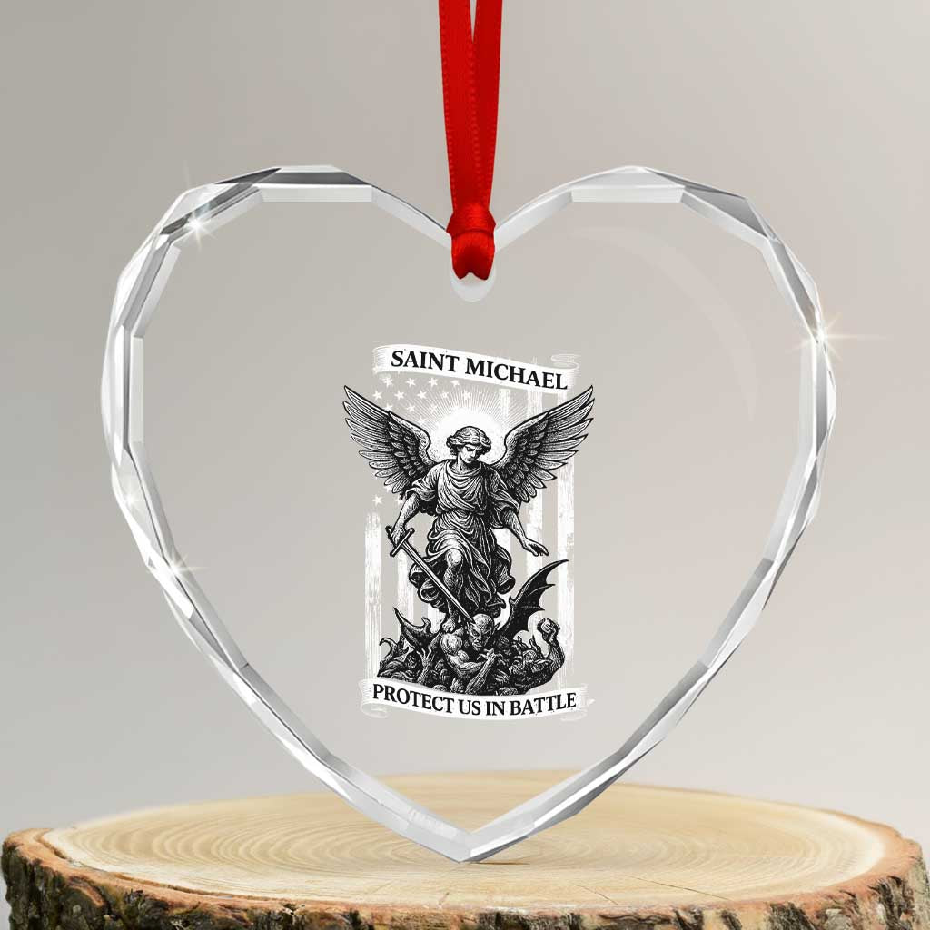 Saint Michael Protect Us In Battle Heart Crystal Glass Ornament American Flag Catholic Christian Faith - Wonder Print Shop