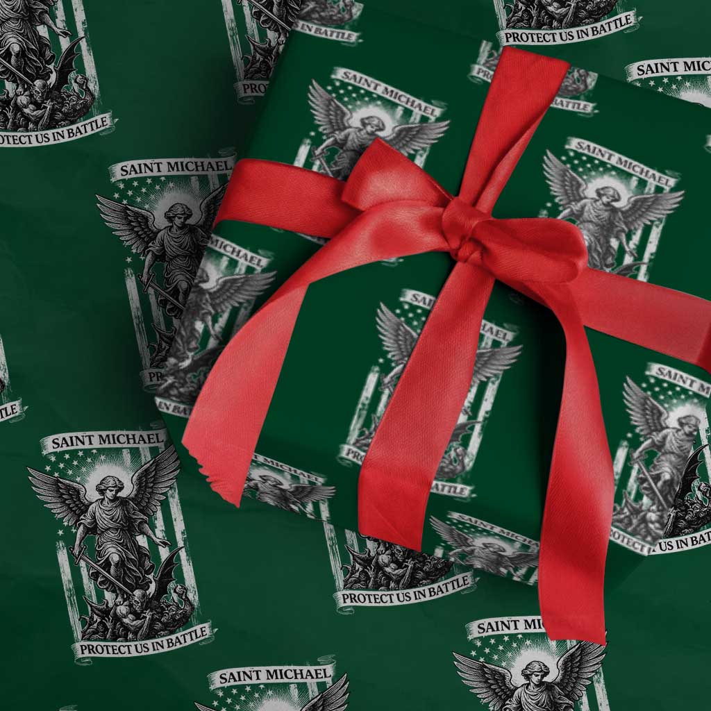 Saint Michael Protect Us In Battle Wrapping Paper Roll American Flag Catholic Christian Faith - Wonder Print Shop