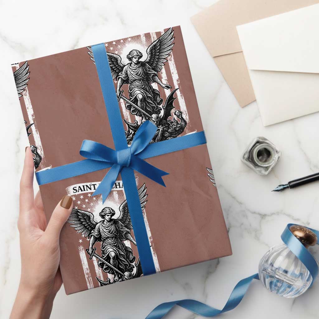 Saint Michael Protect Us In Battle Wrapping Paper Roll American Flag Catholic Christian Faith - Wonder Print Shop