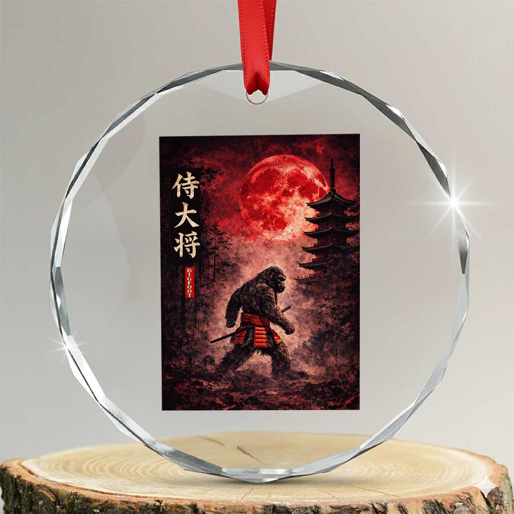 Samurai Bigfoot Crystal Glass Ornament Vintage Japanese Graphic Ukiyo-e Art Sasquatch Red Moon