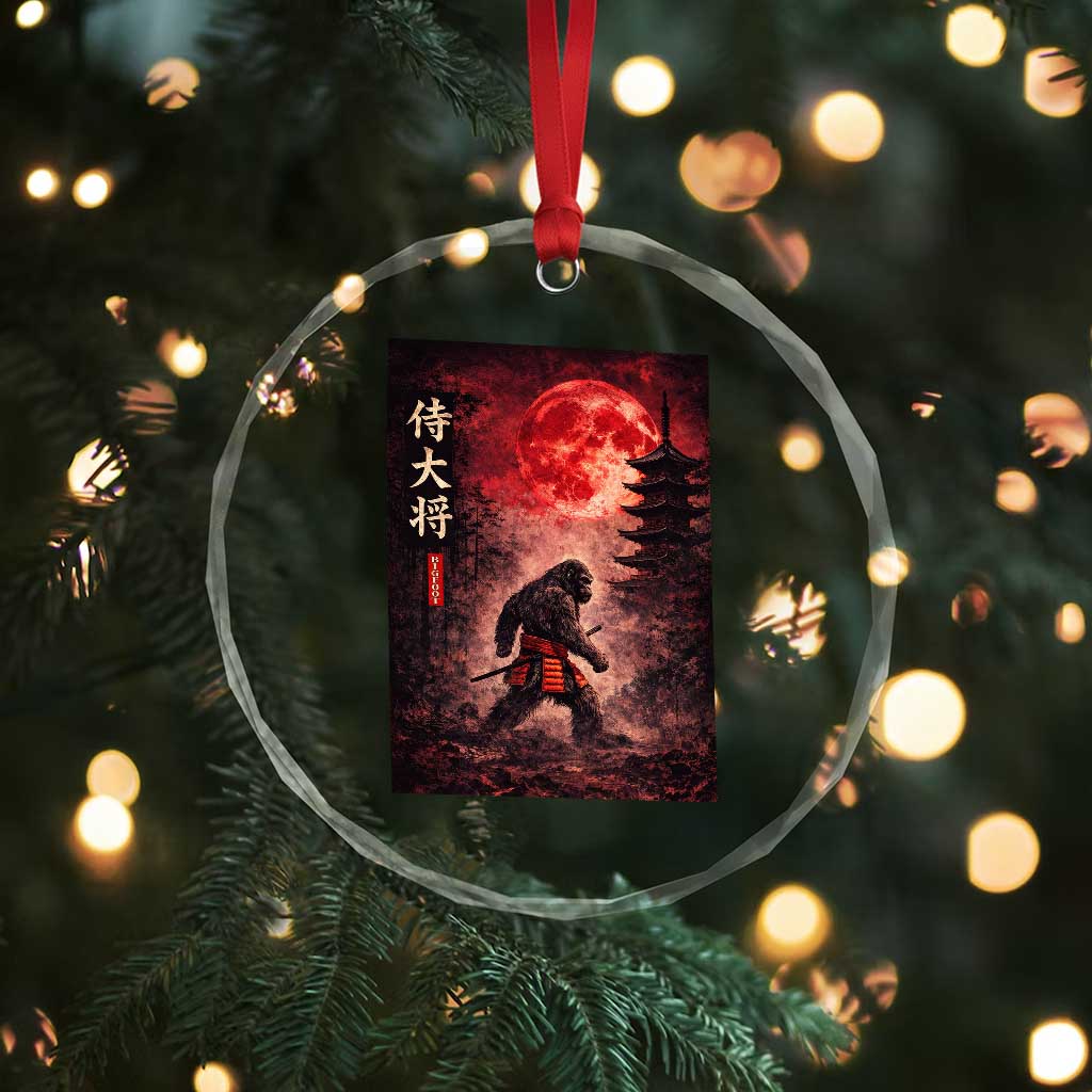 Samurai Bigfoot Crystal Glass Ornament Vintage Japanese Graphic Ukiyo-e Art Sasquatch Red Moon