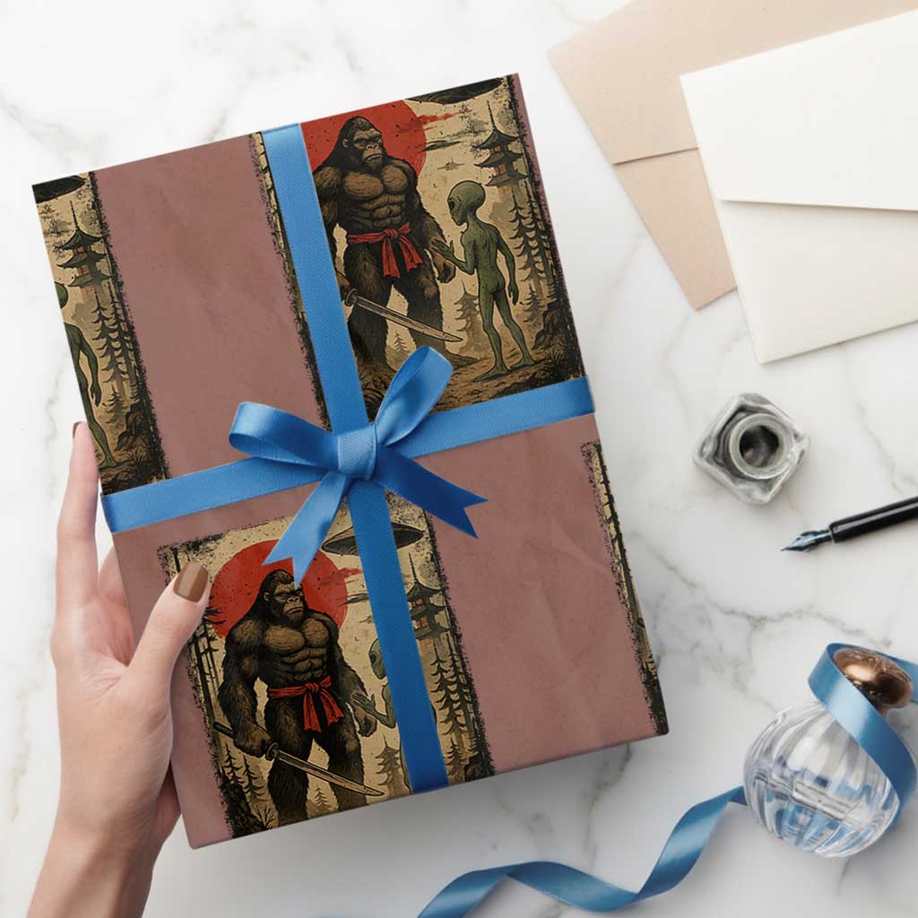 Samurai Bigfoot Japanese UFO Wrapping Paper Roll Sasquatch Ailen Ukiyo-e - Wonder Print Shop