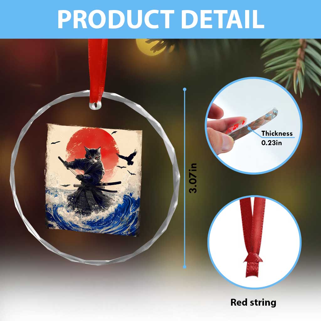 Samurai Cat Crystal Glass Ornament Vintage Japanese Art Anime Ukiyo-e Warrior TS10