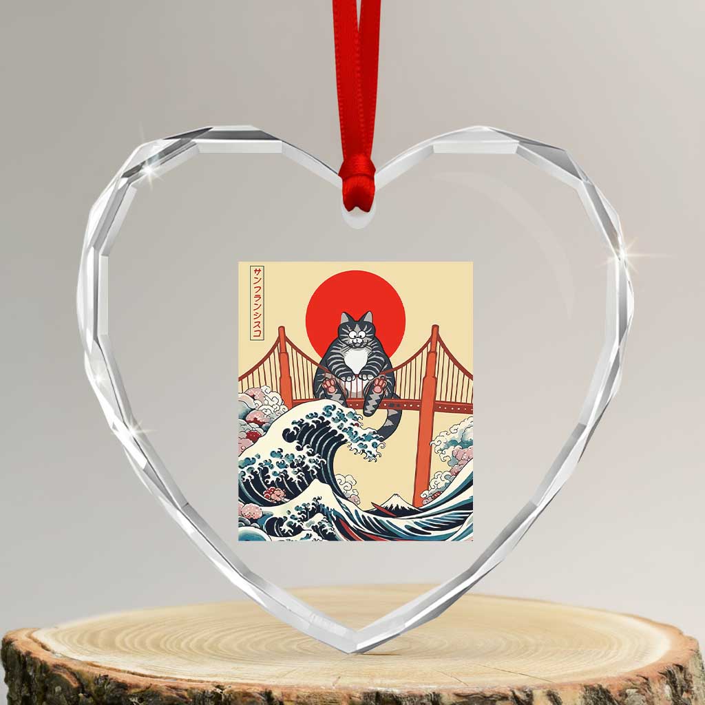 San Francisco Cat Heart Crystal Glass Ornament Vintage Japanese Anime Kawaii Cat Sunset