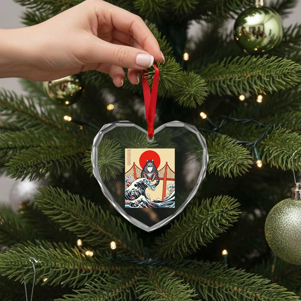 San Francisco Cat Heart Crystal Glass Ornament Vintage Japanese Anime Kawaii Cat Sunset