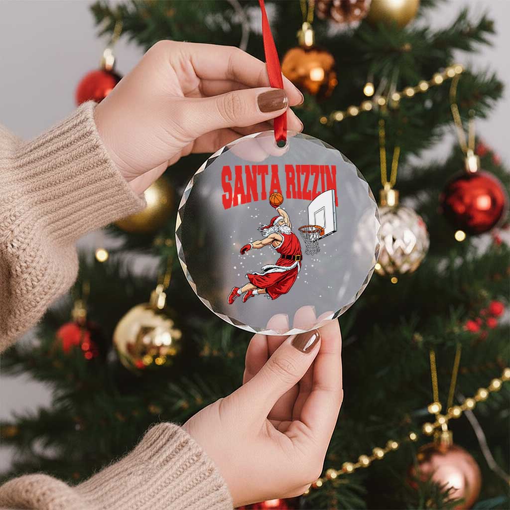 Santa Basketball Christmas Crystal Glass Ornament He Is Rizzin - Wonder Print Shop