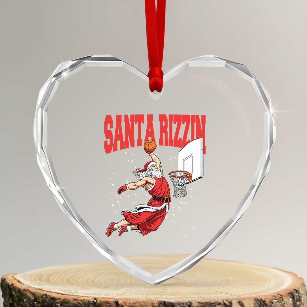Santa Basketball Christmas Heart Crystal Glass Ornament He Is Rizzin - Wonder Print Shop