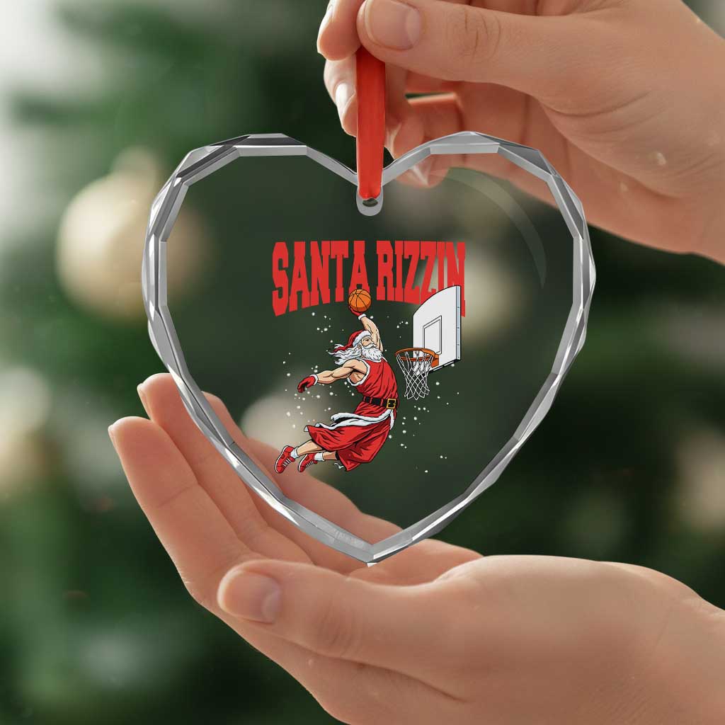 Santa Basketball Christmas Heart Crystal Glass Ornament He Is Rizzin - Wonder Print Shop