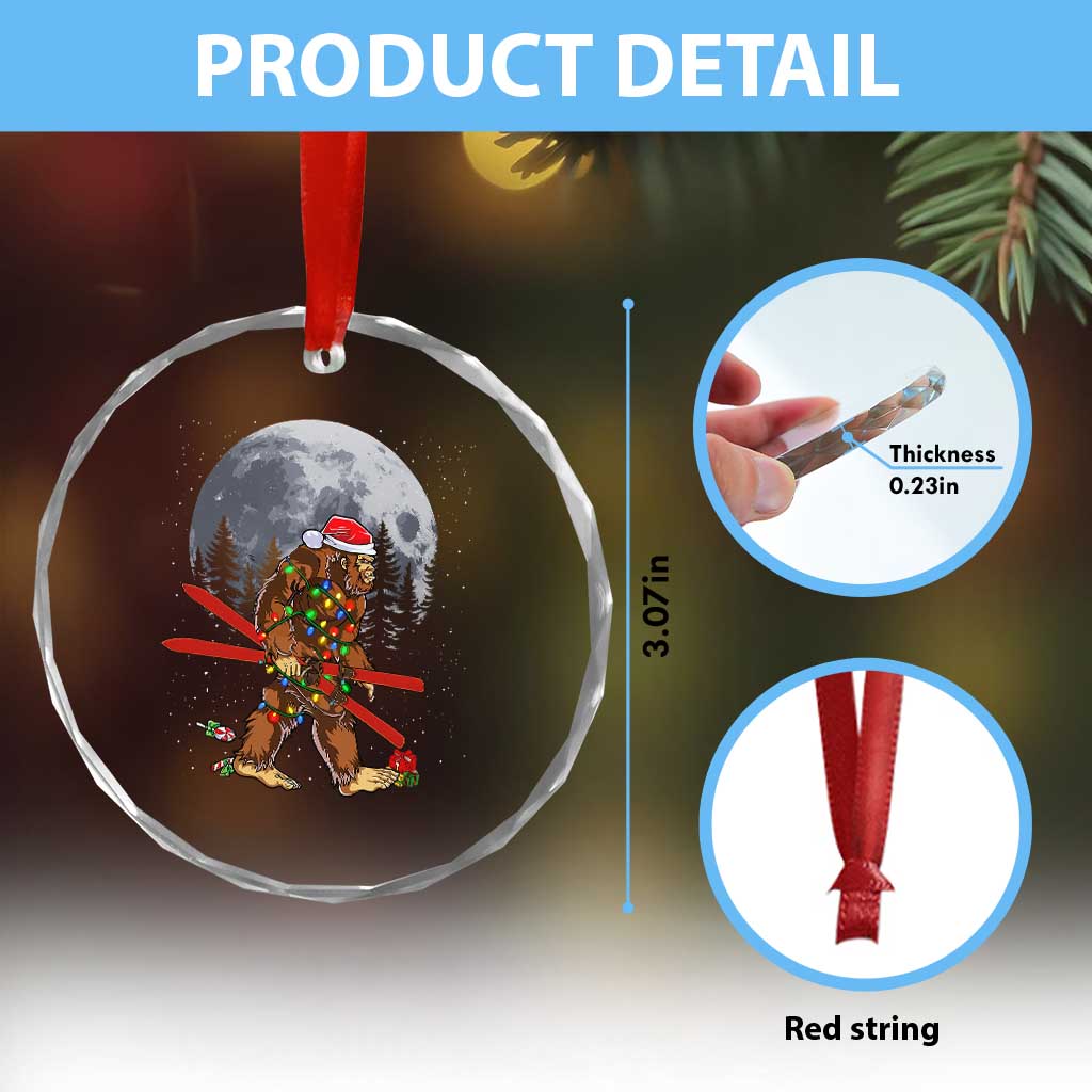 Santa Bigfoot Christmas Crystal Glass Ornament Funny Sasquatch Skiing Snowboard Ski Lover Skier - Wonder Print Shop