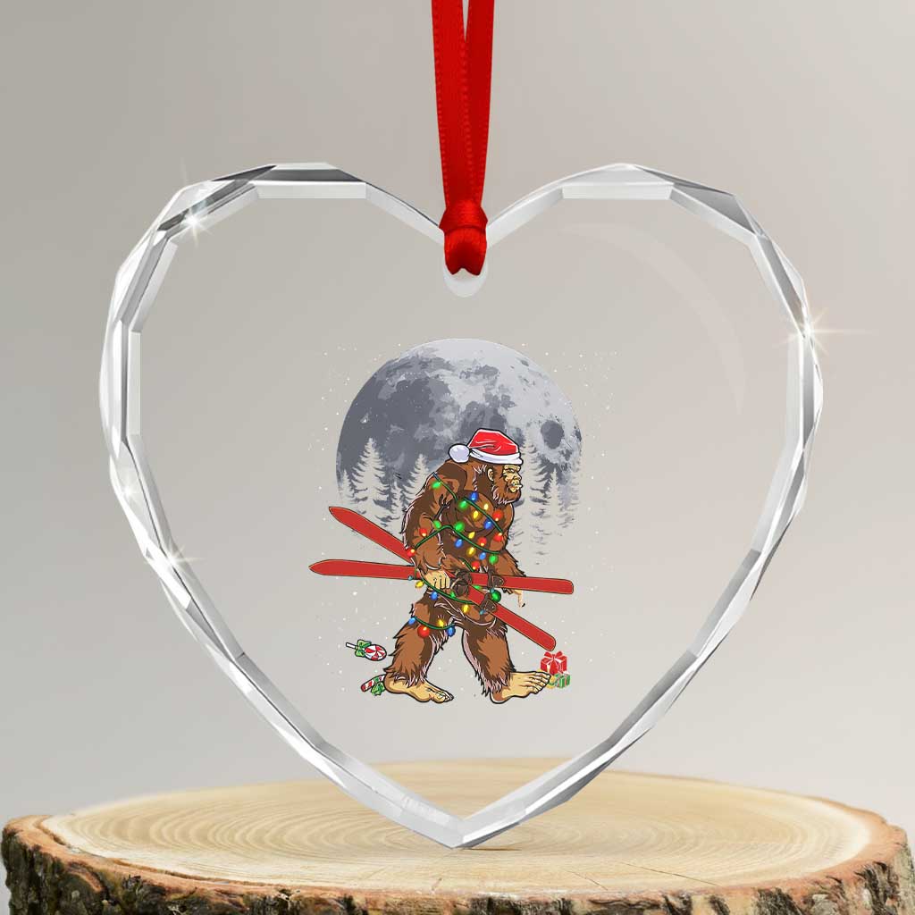 Santa Bigfoot Christmas Heart Crystal Glass Ornament Funny Sasquatch Skiing Snowboard Ski Lover Skier - Wonder Print Shop