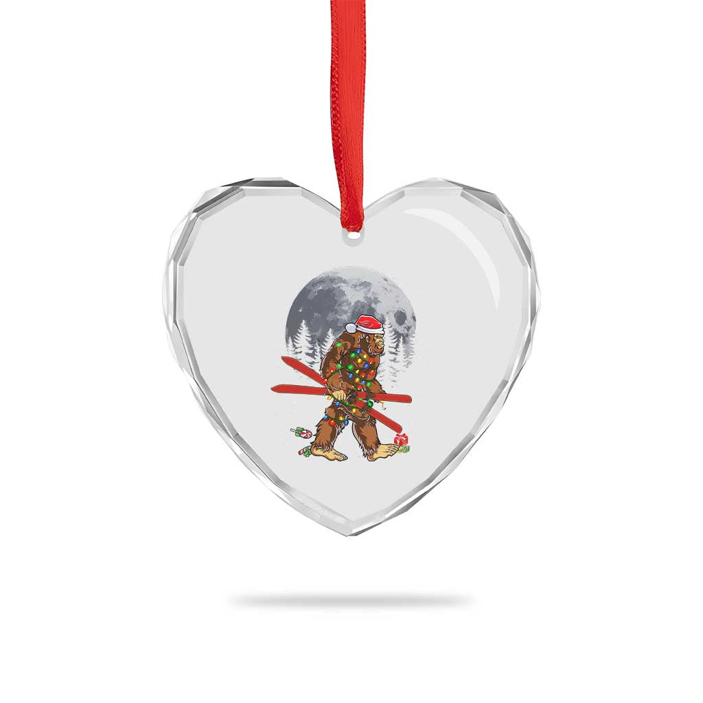 Santa Bigfoot Christmas Heart Crystal Glass Ornament Funny Sasquatch Skiing Snowboard Ski Lover Skier - Wonder Print Shop