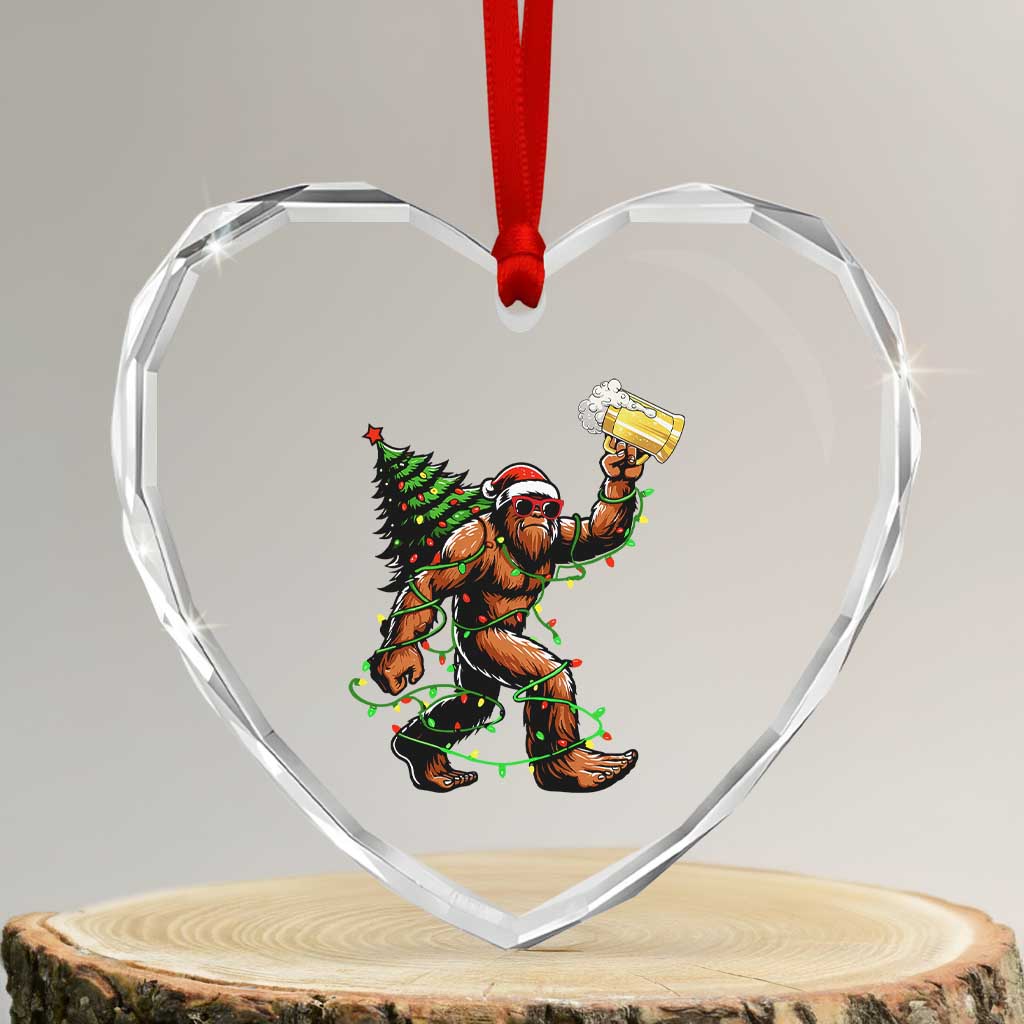 Santa Bigfoot Christmas Tree Heart Crystal Glass Ornament Xmas Lights Funny Sasquatch Beer - Wonder Print Shop