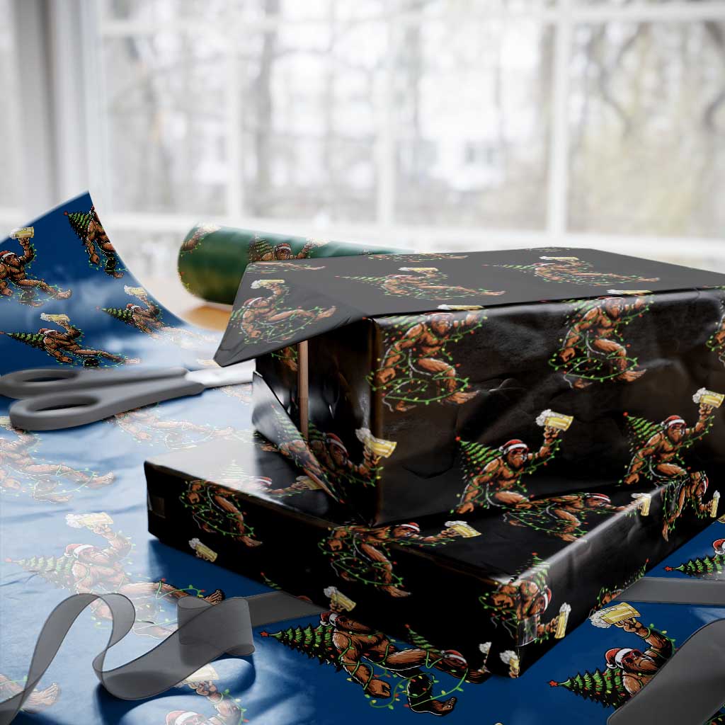 Santa Bigfoot Christmas Tree Wrapping Paper Roll Xmas Lights Funny Sasquatch Beer - Wonder Print Shop