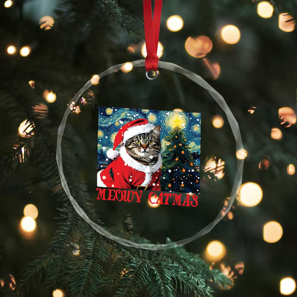Santa Cat Xmas Crystal Glass Ornament Meowy Catmas Starry Night Christmas Tree TS09