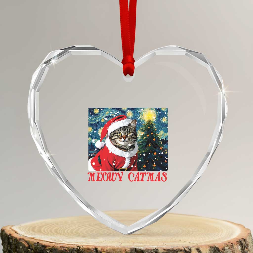 Santa Cat Xmas Heart Crystal Glass Ornament Meowy Catmas Starry Night Christmas Tree - Wonder Print Shop