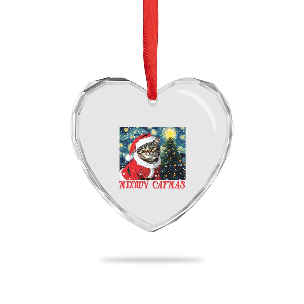 Santa Cat Xmas Heart Crystal Glass Ornament Meowy Catmas Starry Night Christmas Tree - Wonder Print Shop