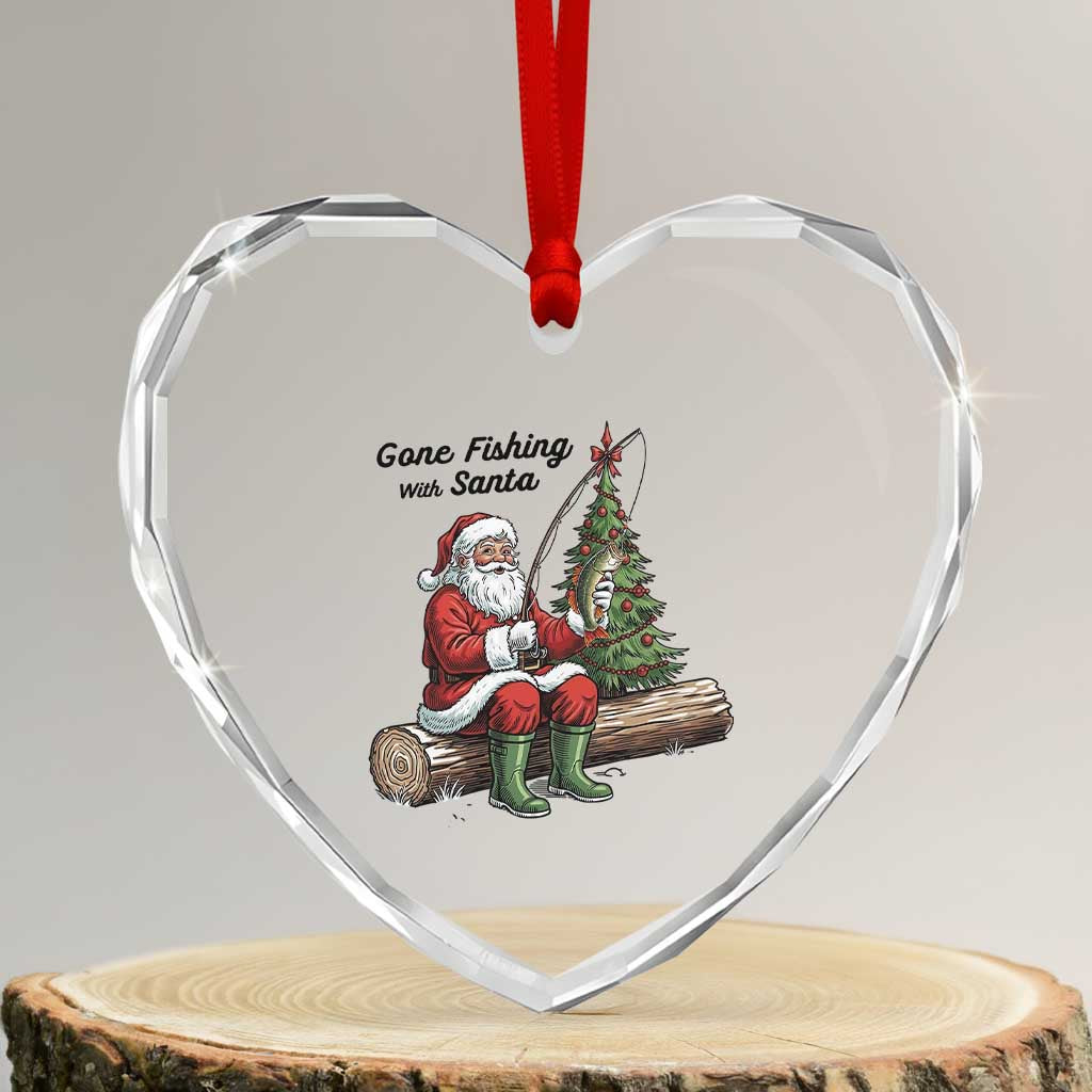 Santa Fishing Chritsmas Heart Crystal Glass Ornament Funny Fisherman Xmas - Wonder Print Shop