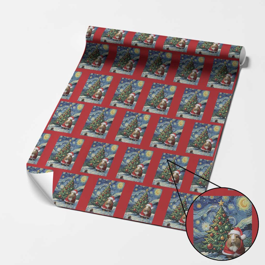Santa Guinea Pig Starry Night Inspired Wrapping Paper Roll Funny Christmas Gift - Wonder Print Shop