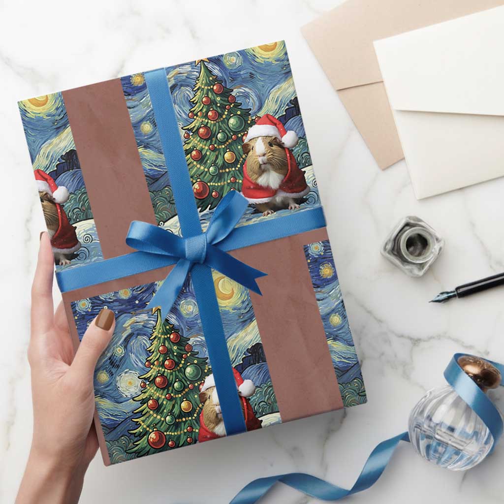 Santa Guinea Pig Starry Night Inspired Wrapping Paper Roll Funny Christmas Gift - Wonder Print Shop