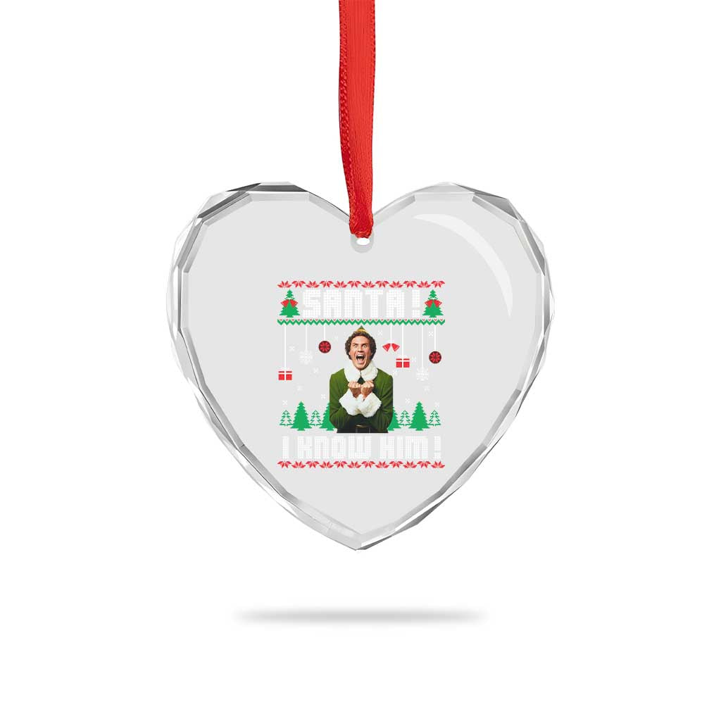 Santa I Know Him Heart Crystal Glass Ornament Funny Elf Christmas - Wonder Print Shop