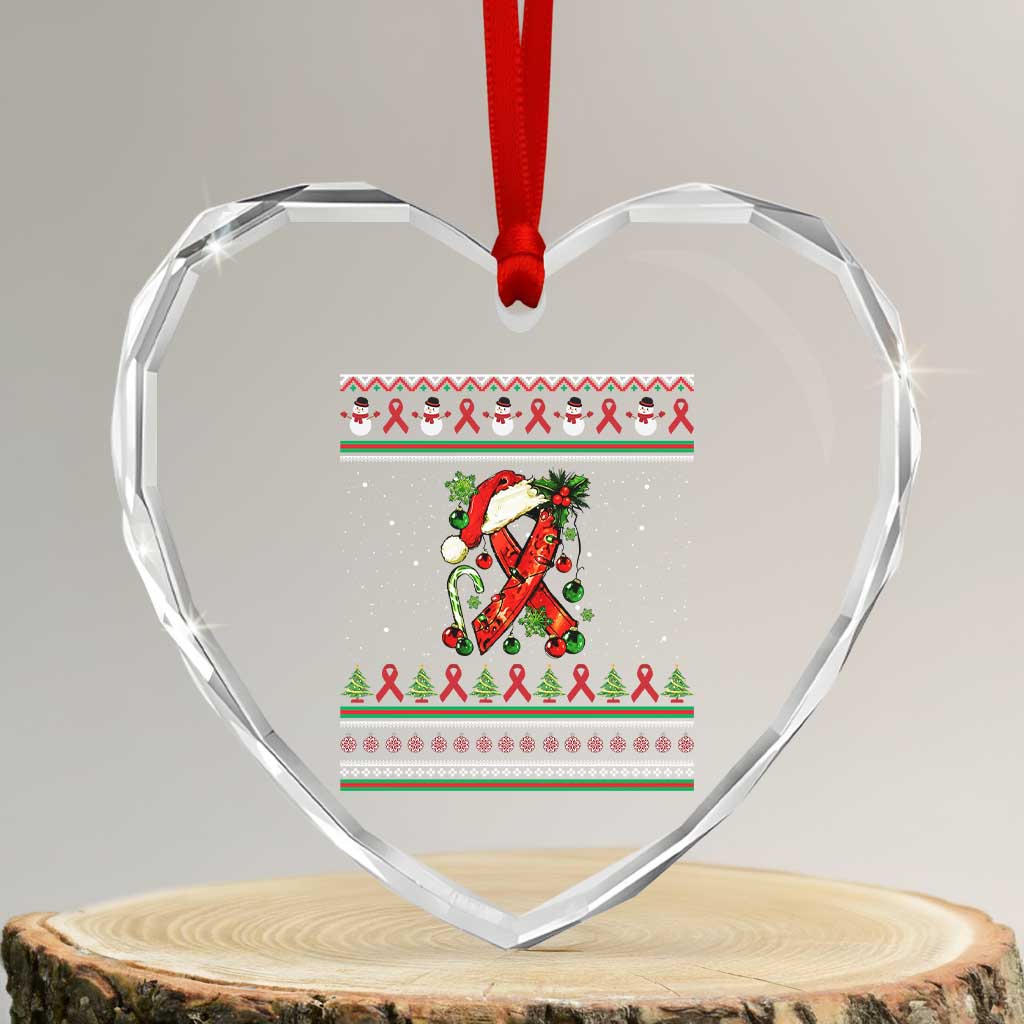 Santa Red Ribbon HIV Awareness Heart Crystal Glass Ornament Ugly Sweater Christmas Gift - Wonder Print Shop