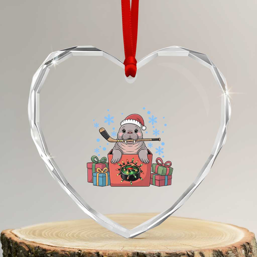 Santa Seal Playing Ice Hockey Heart Crystal Glass Ornament Funny Christmas Gift - Wonder Print Shop