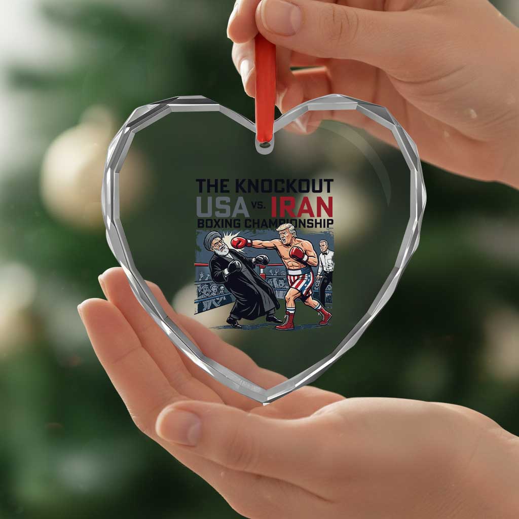 Sarcastic USA vs Iran Knockout Boxing Championship Heart Crystal Glass Ornament Funny Political Satire Fight Night