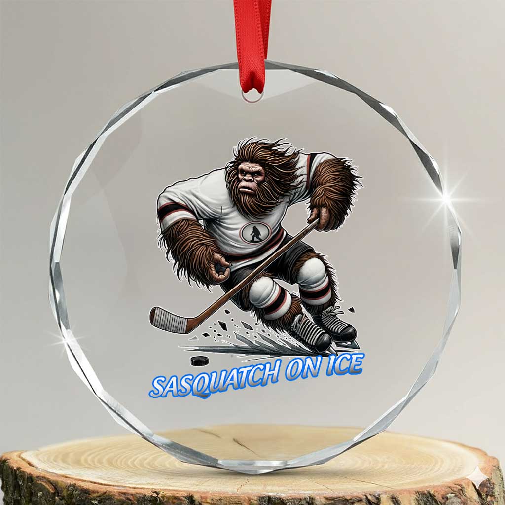 Sasquatch On Ice Crystal Glass Ornament Funny Bigfoot Hockey Player Gift - Wonder Print Shop