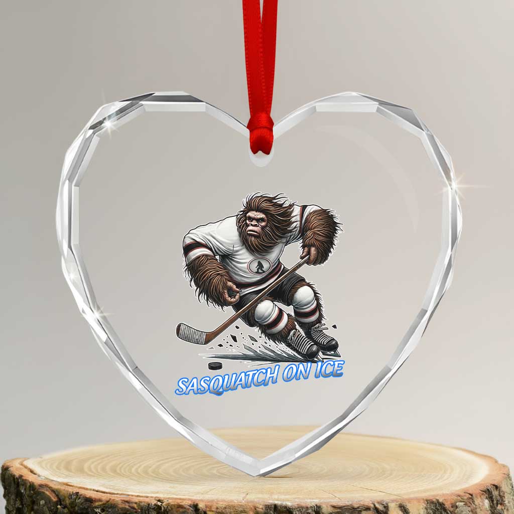 Sasquatch On Ice Heart Crystal Glass Ornament Funny Bigfoot Hockey Player Gift - Wonder Print Shop