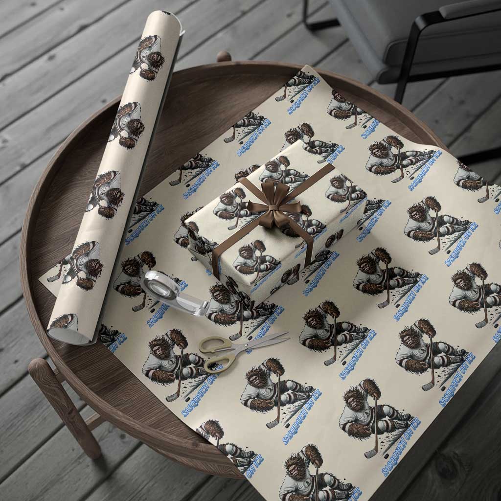 Sasquatch On Ice Wrapping Paper Roll Funny Bigfoot Hockey Player Gift - Wonder Print Shop