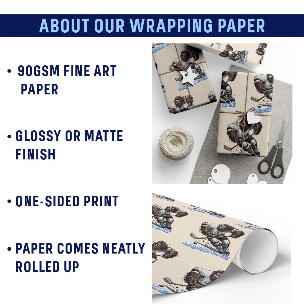Sasquatch On Ice Wrapping Paper Roll Funny Bigfoot Hockey Player Gift - Wonder Print Shop