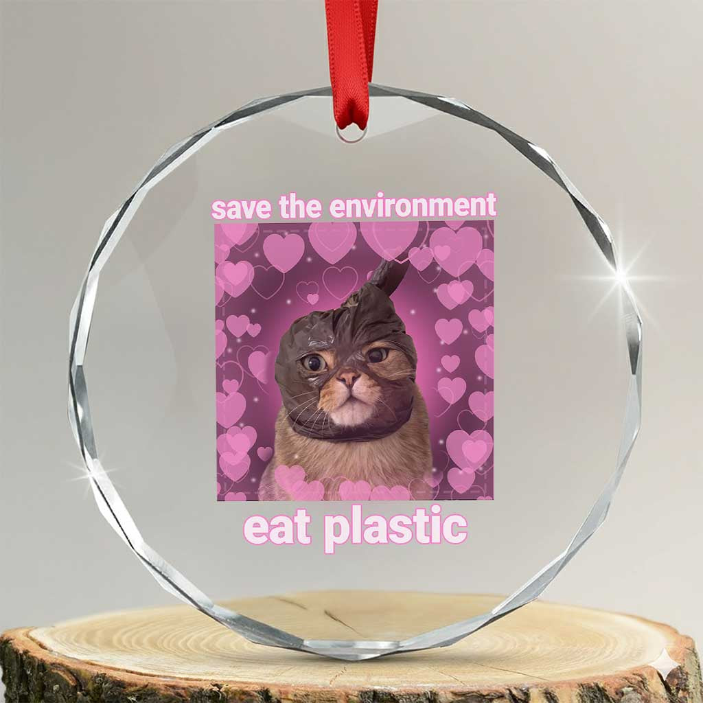 Save The Environment Eat Plastic Crystal Glass Ornament Funny Cute Cat Meme - Wonder Print Shop