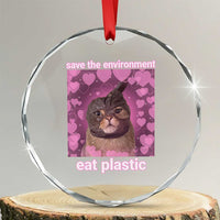 Save The Environment Eat Plastic Crystal Glass Ornament Funny Cute Cat Meme - Wonder Print Shop