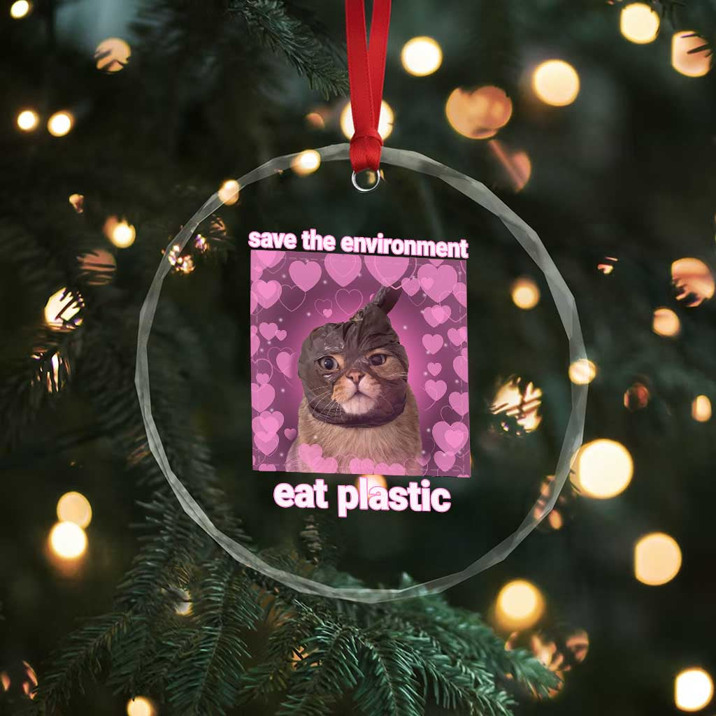 Save The Environment Eat Plastic Crystal Glass Ornament Funny Cute Cat Meme - Wonder Print Shop