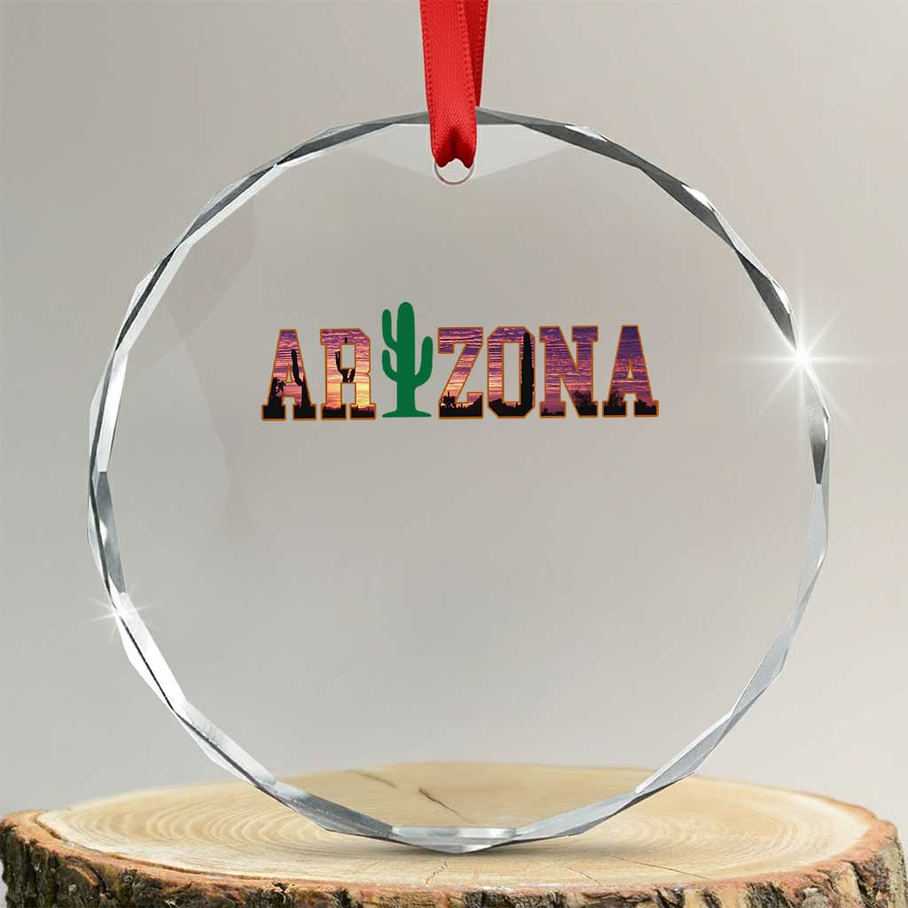 Scenic Arizona Sunset Landscape Graphic Crystal Glass Ornament Southwest Saguaro Cactus Letters Travel Souvenir