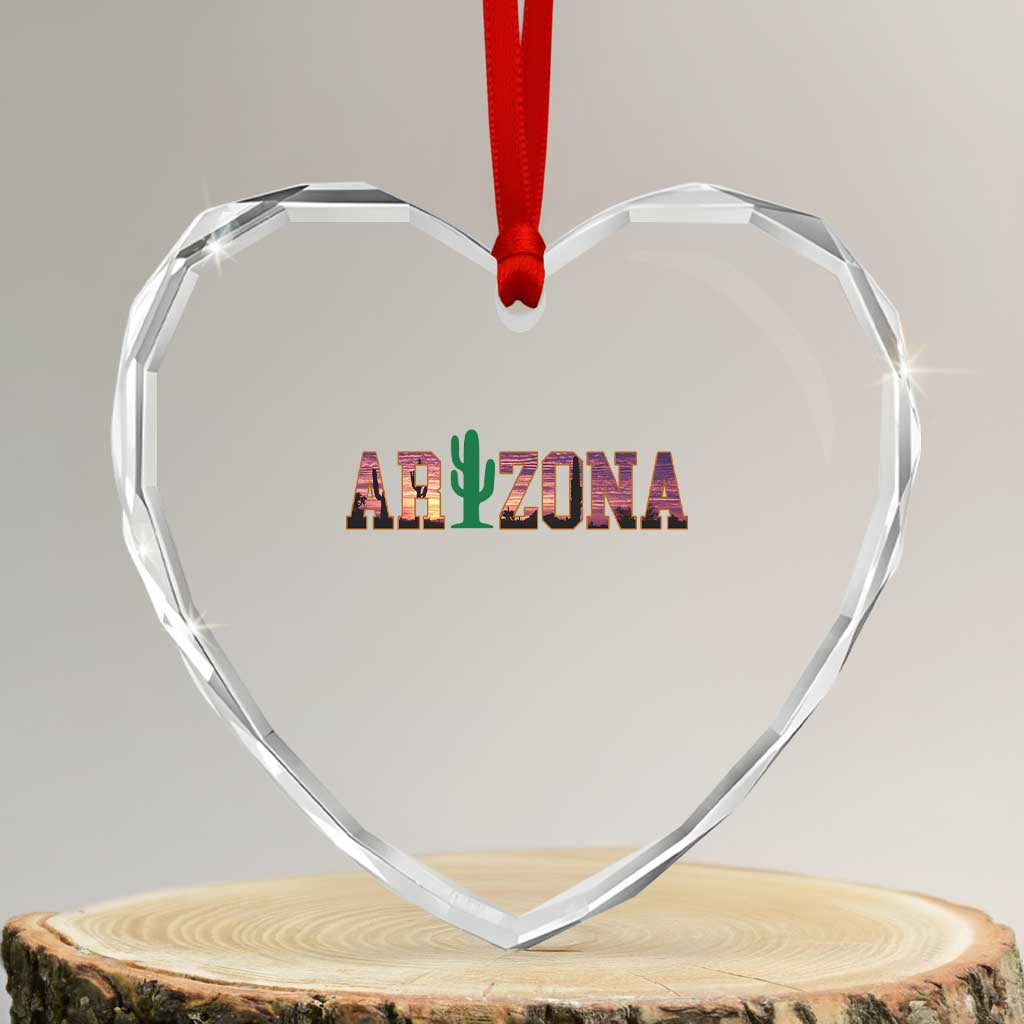 Scenic Arizona Sunset Landscape Graphic Heart Crystal Glass Ornament Southwest Saguaro Cactus Letters Travel Souvenir