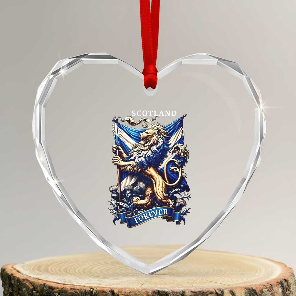 Scotland Forever Majestic Lion Rampant Holding Saltire Flag With Thistles Graphic Heart Crystal Glass Ornament