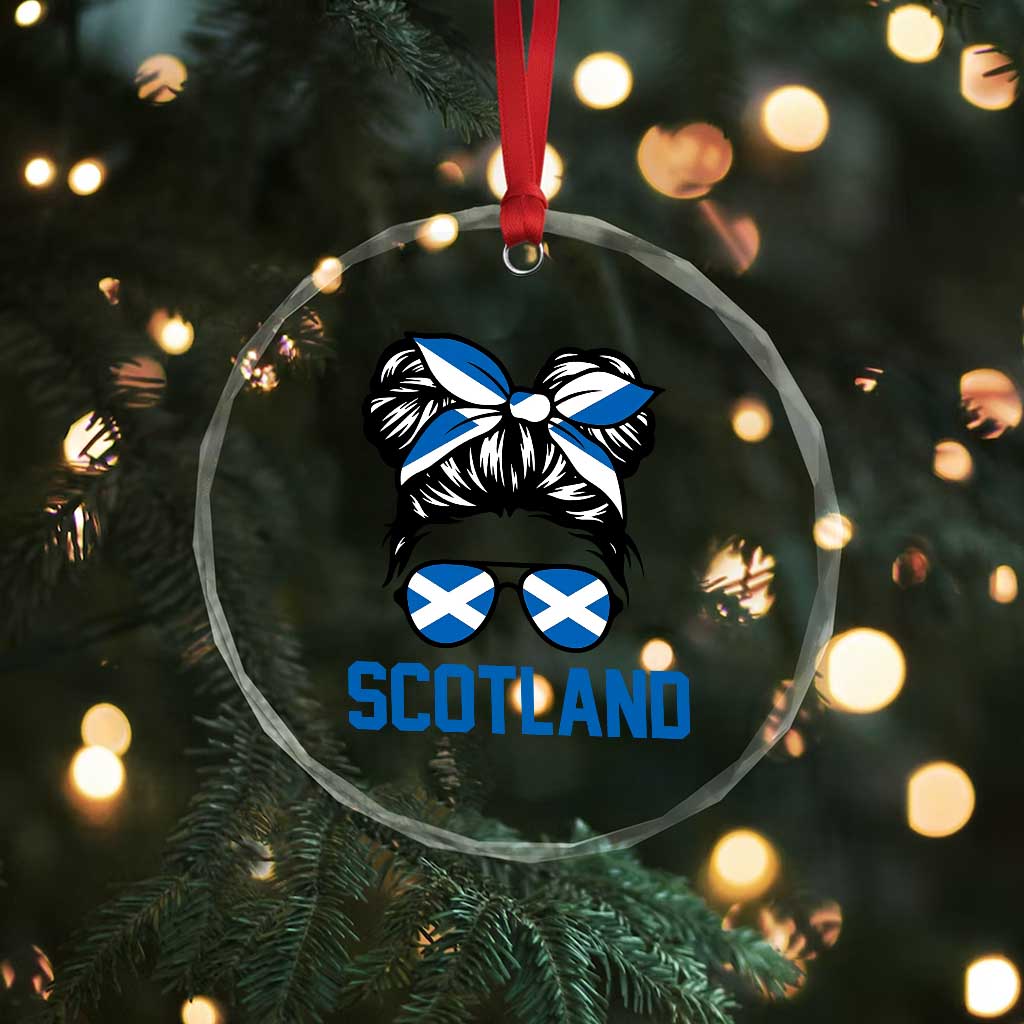 Scotland Messy Bun Hair Saltire Flag Ribbon Bow Crystal Glass Ornament Scottish Pride for Girls Women