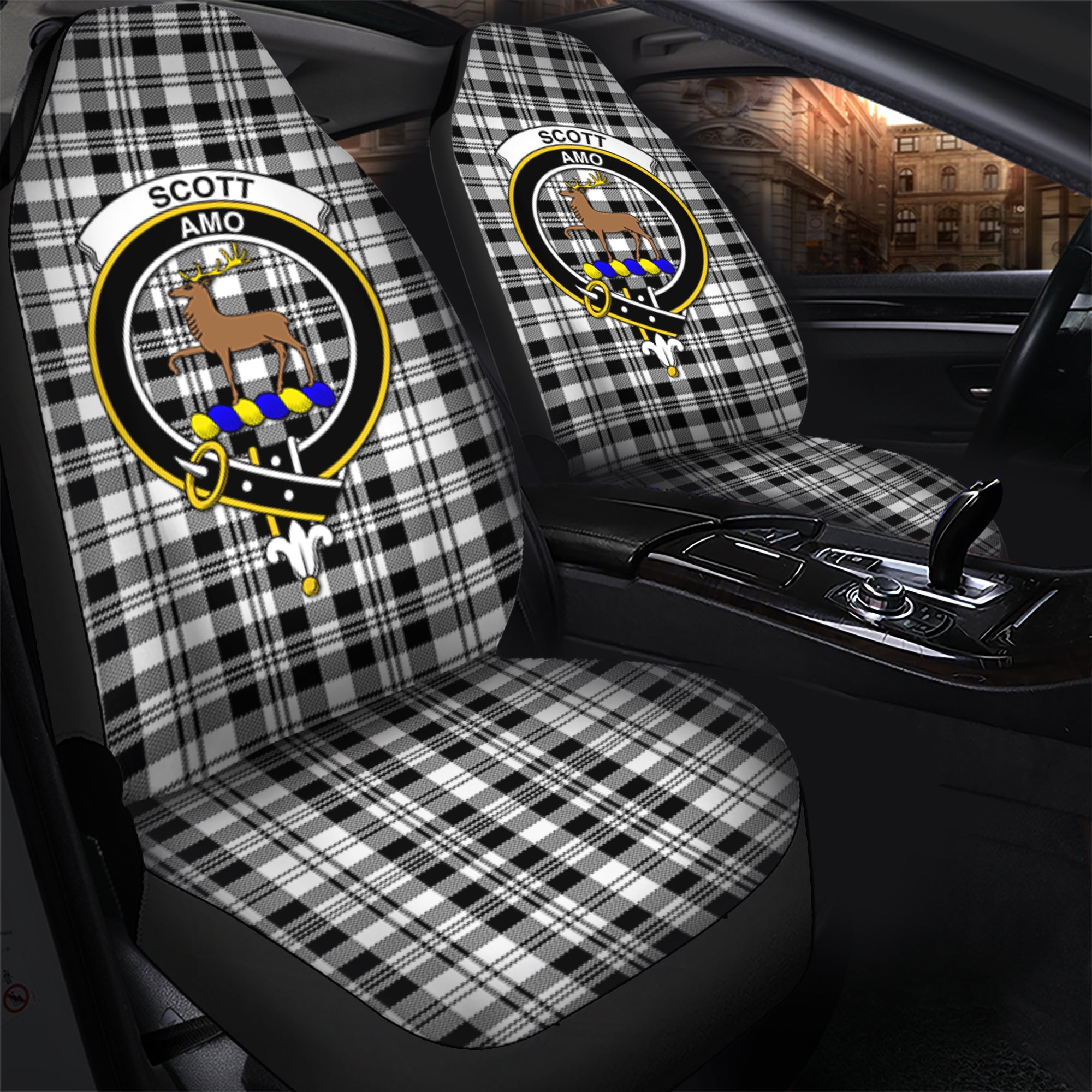 Scott Black White Clan Tartan Car Seat Cover, Family Crest Tartan Seat Cover TS23